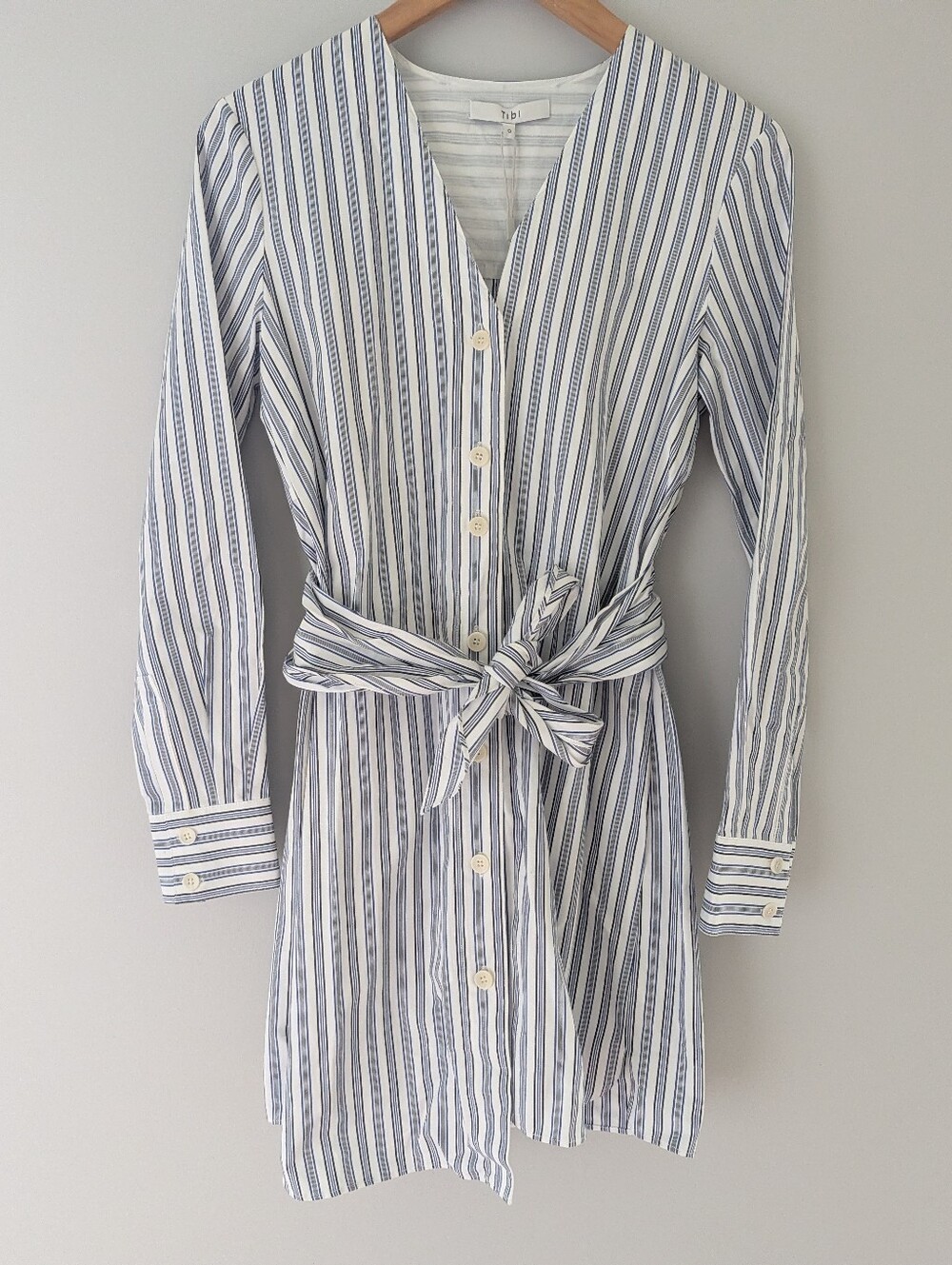 NWT Tibi Liam Stripe V-Neck Belted Shirt Dress 0 Blue White Cotton $475